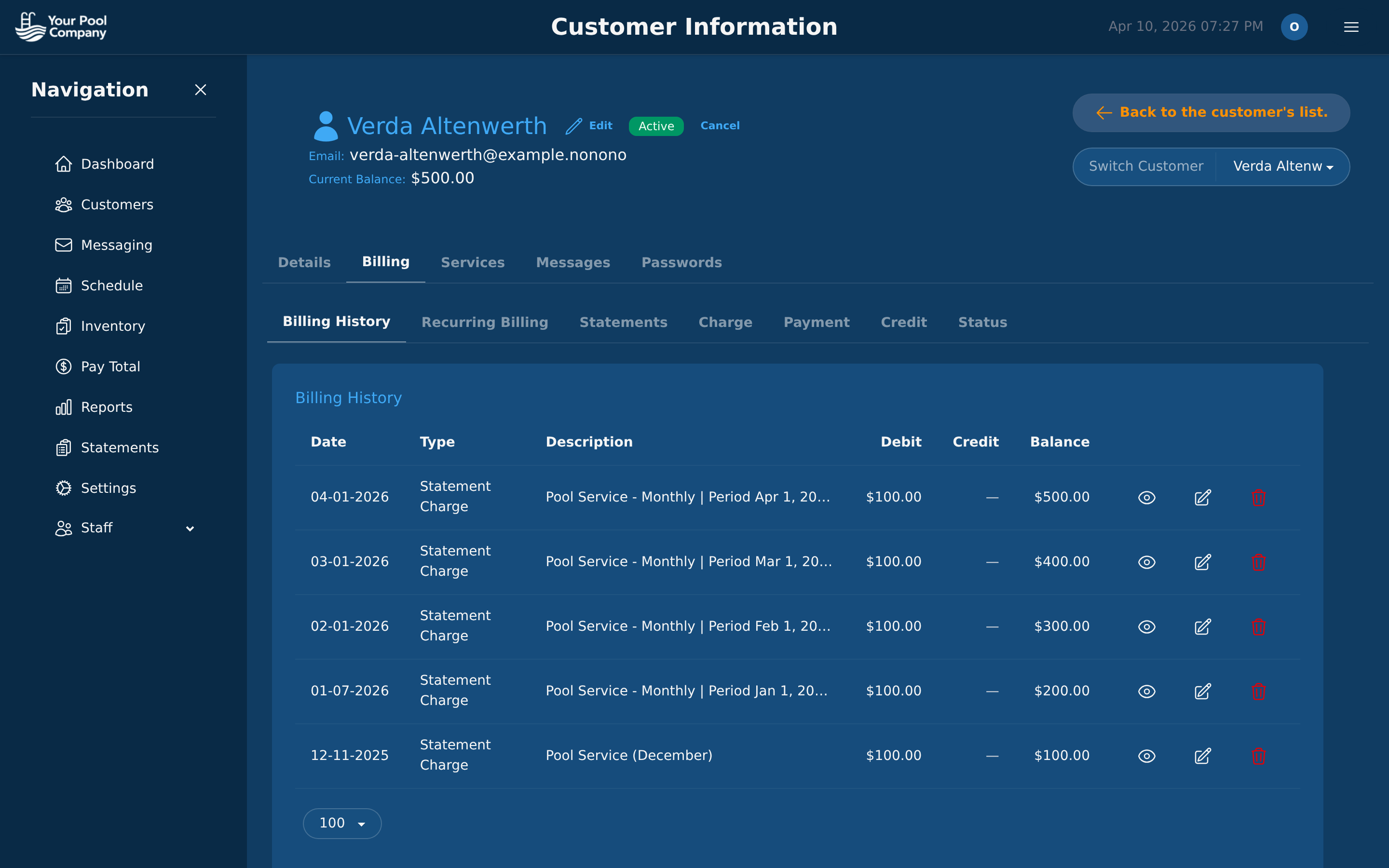 Customer billing history with date, type, description, debit, credit, and running balance