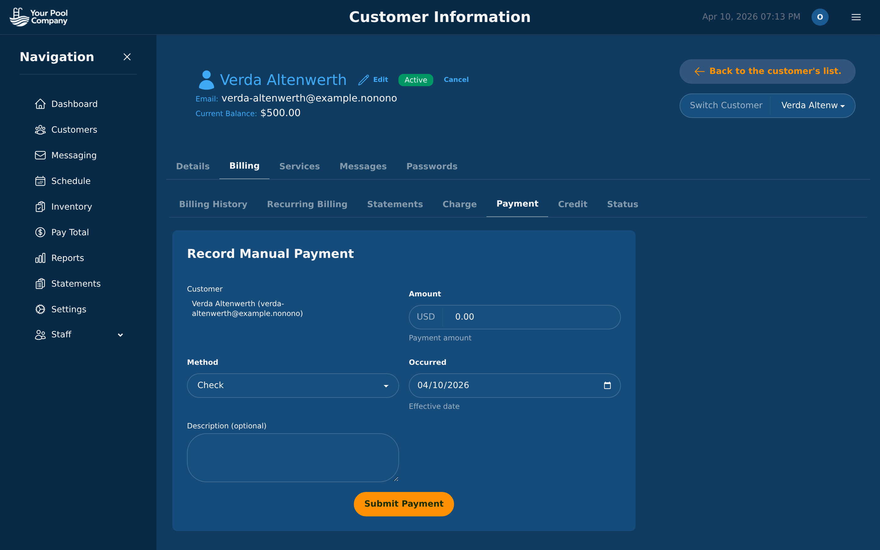 Record Payment form with customer, amount, method (Zelle/check/cash/Cash App), reference number, and date