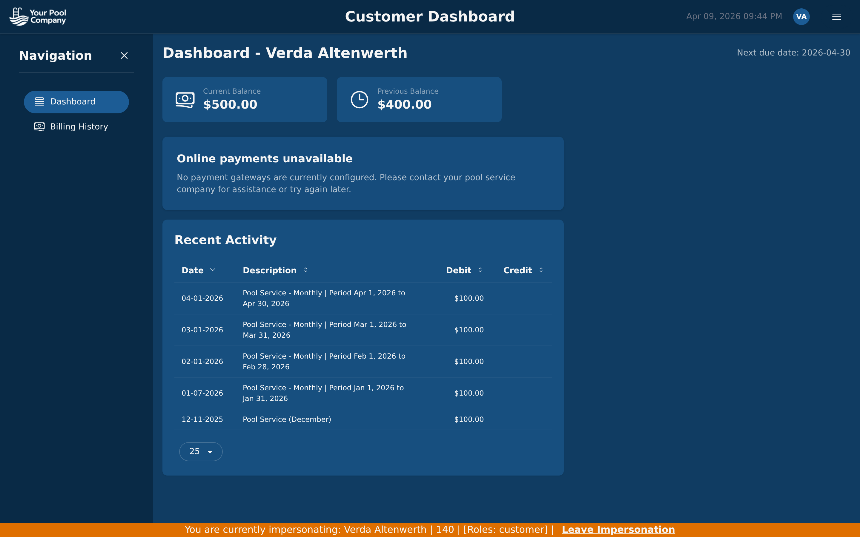 EZ Pool Biller customer portal dashboard showing balance and billing history