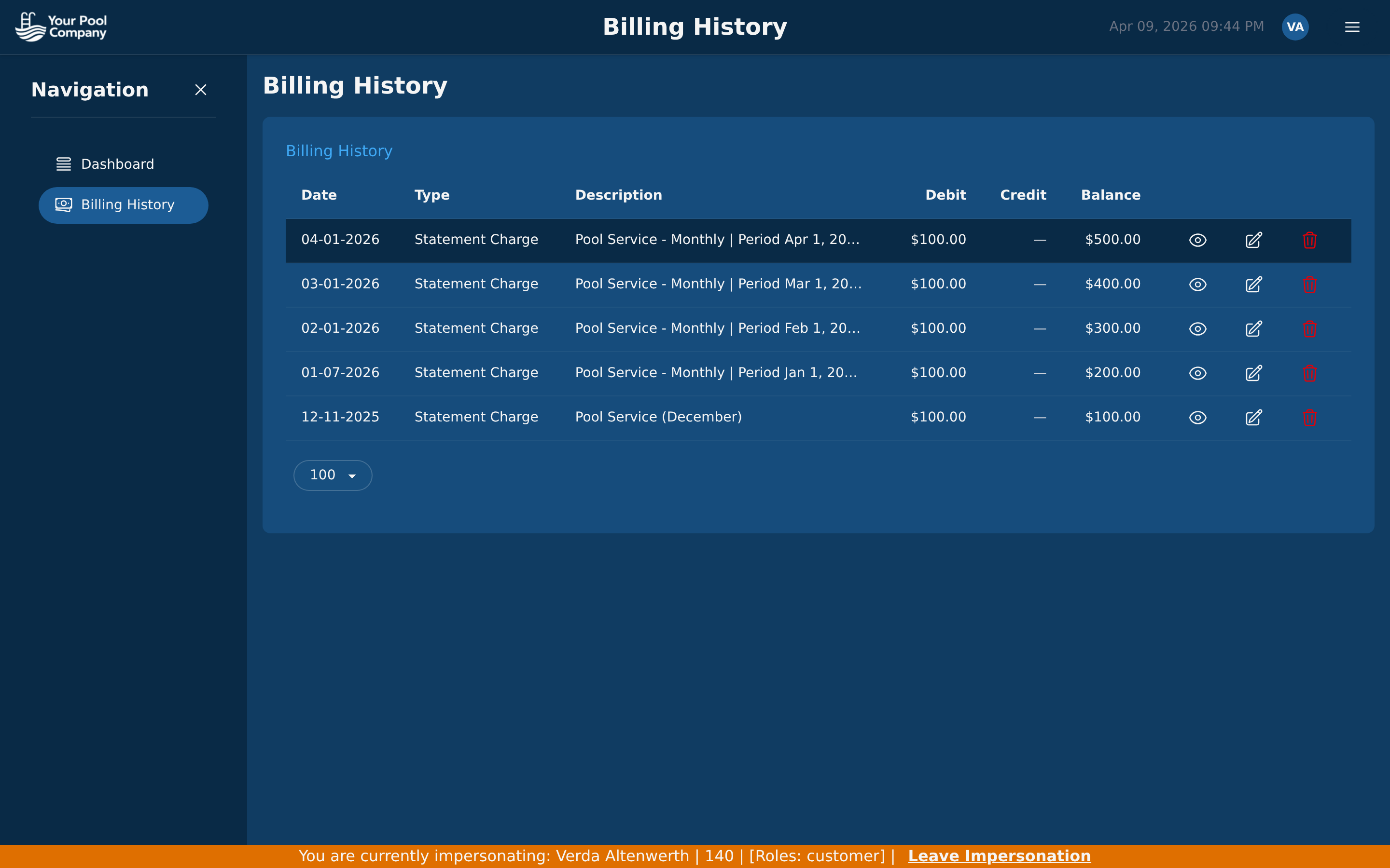 EZ Pool Biller customer portal billing history showing invoices and payment records