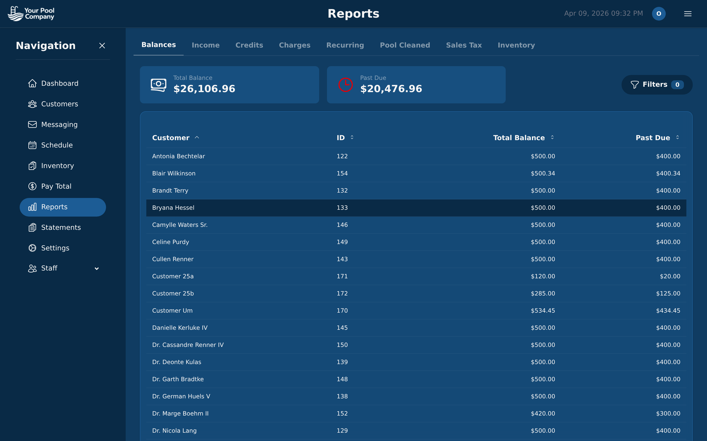 EZ Pool Biller financial reports dashboard showing revenue and aging data