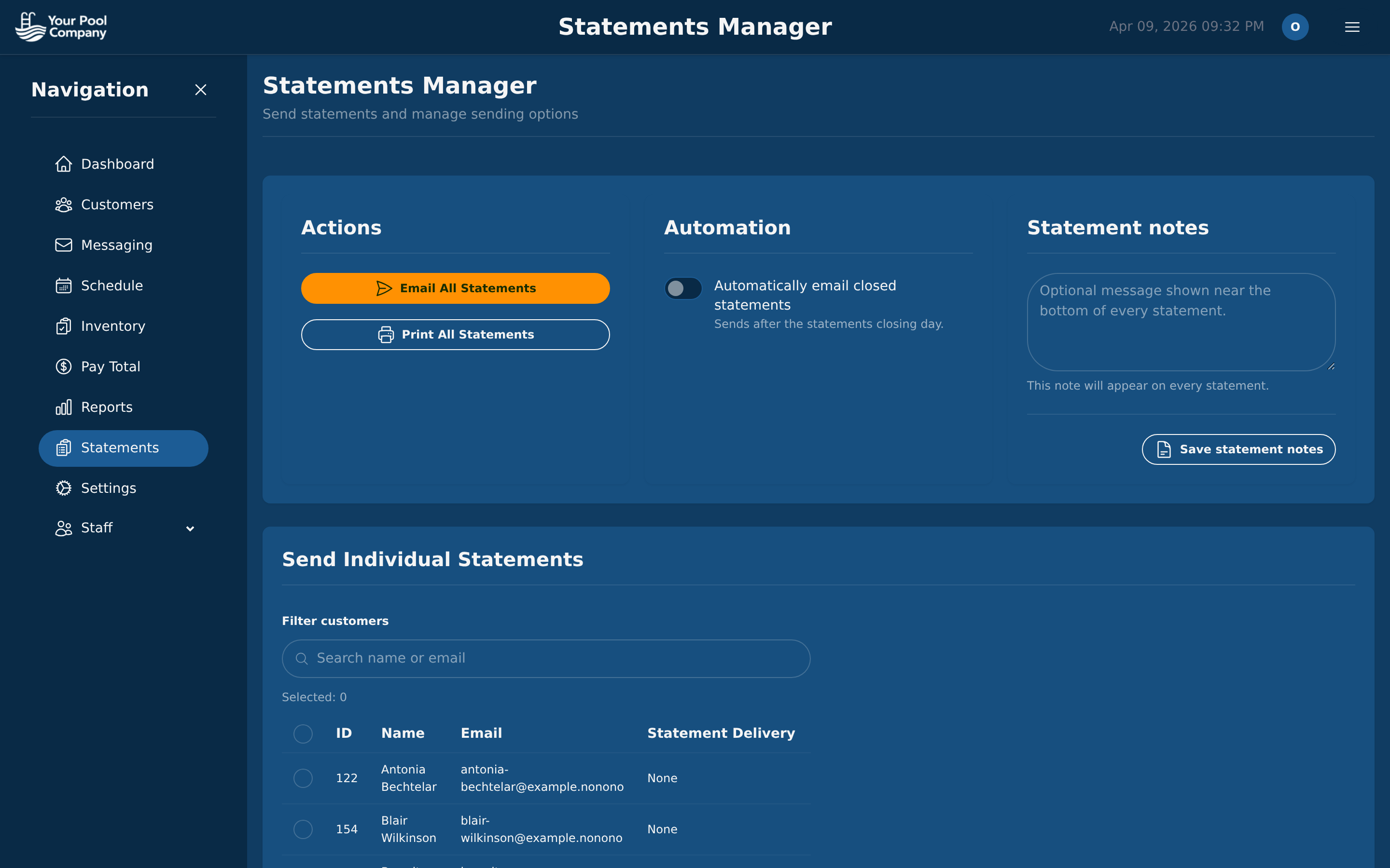EZ Pool Biller statements manager with email and print options
