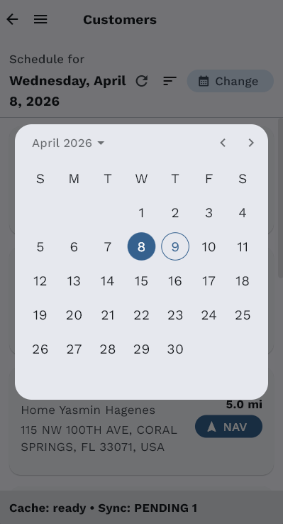 EZ Pool Biller mobile calendar picker for schedule navigation