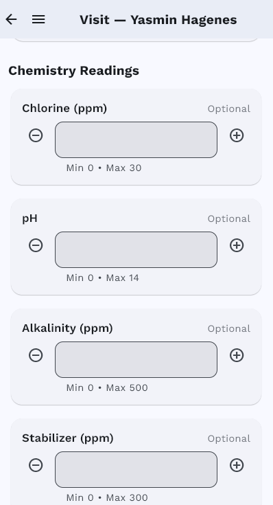EZ Pool Biller mobile app showing Chlorine (ppm), pH, Alkalinity (ppm), and Stabilizer (ppm) input fields