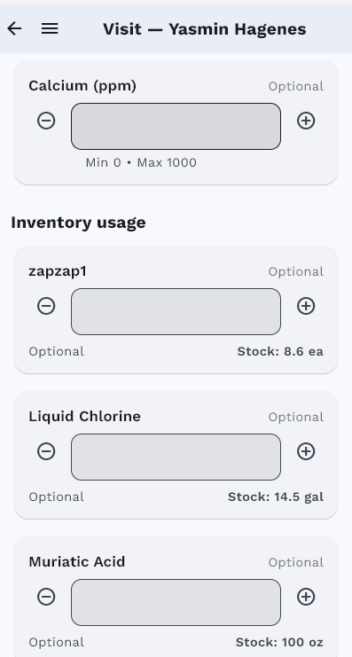 EZ Pool Biller mobile app showing chemical inventory usage with stock levels for Liquid Chlorine (14.5 gal) and Muriatic Acid (100 oz)
