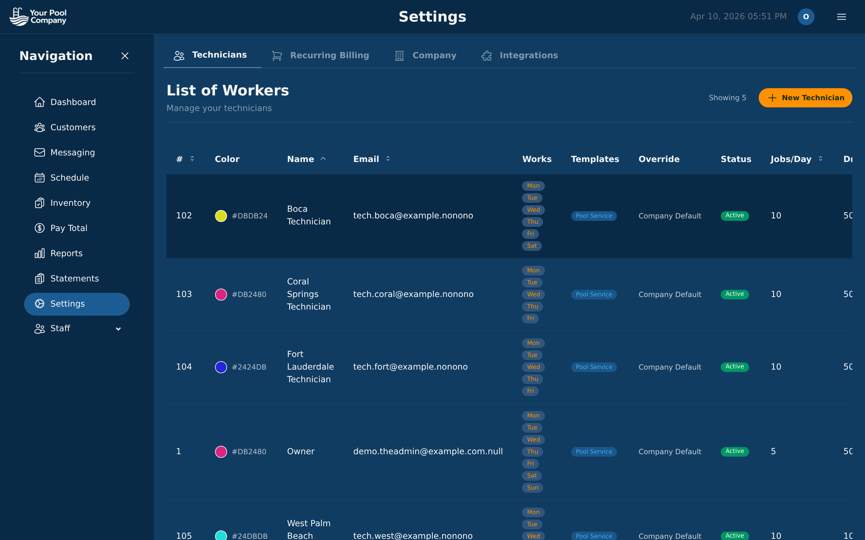Company settings with billing, payment gateway, and portal configuration