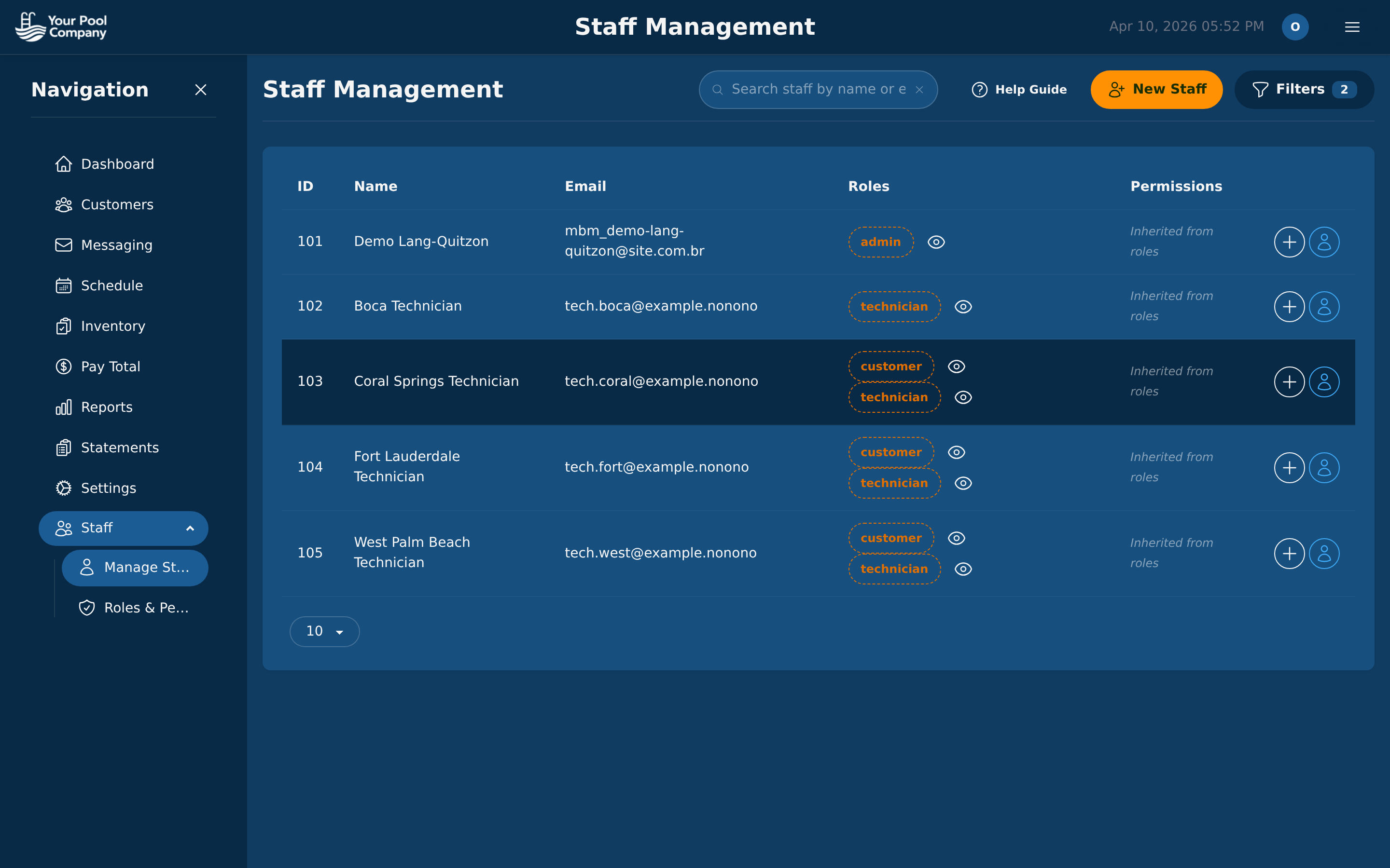 Staff management with roles, permissions, and impersonate buttons